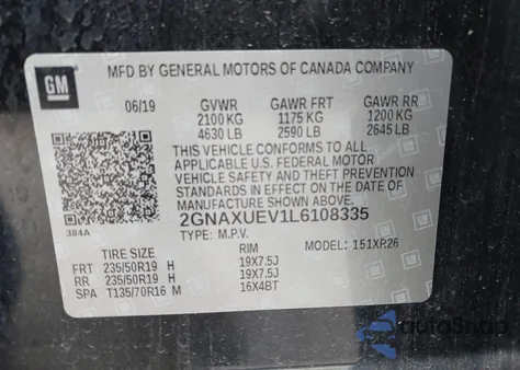 2020 Chevrolet Equinox Awd Lt 1.5L Turbo z USA, uszkodzony, nr VIN 2GNAXUEV1L6108335